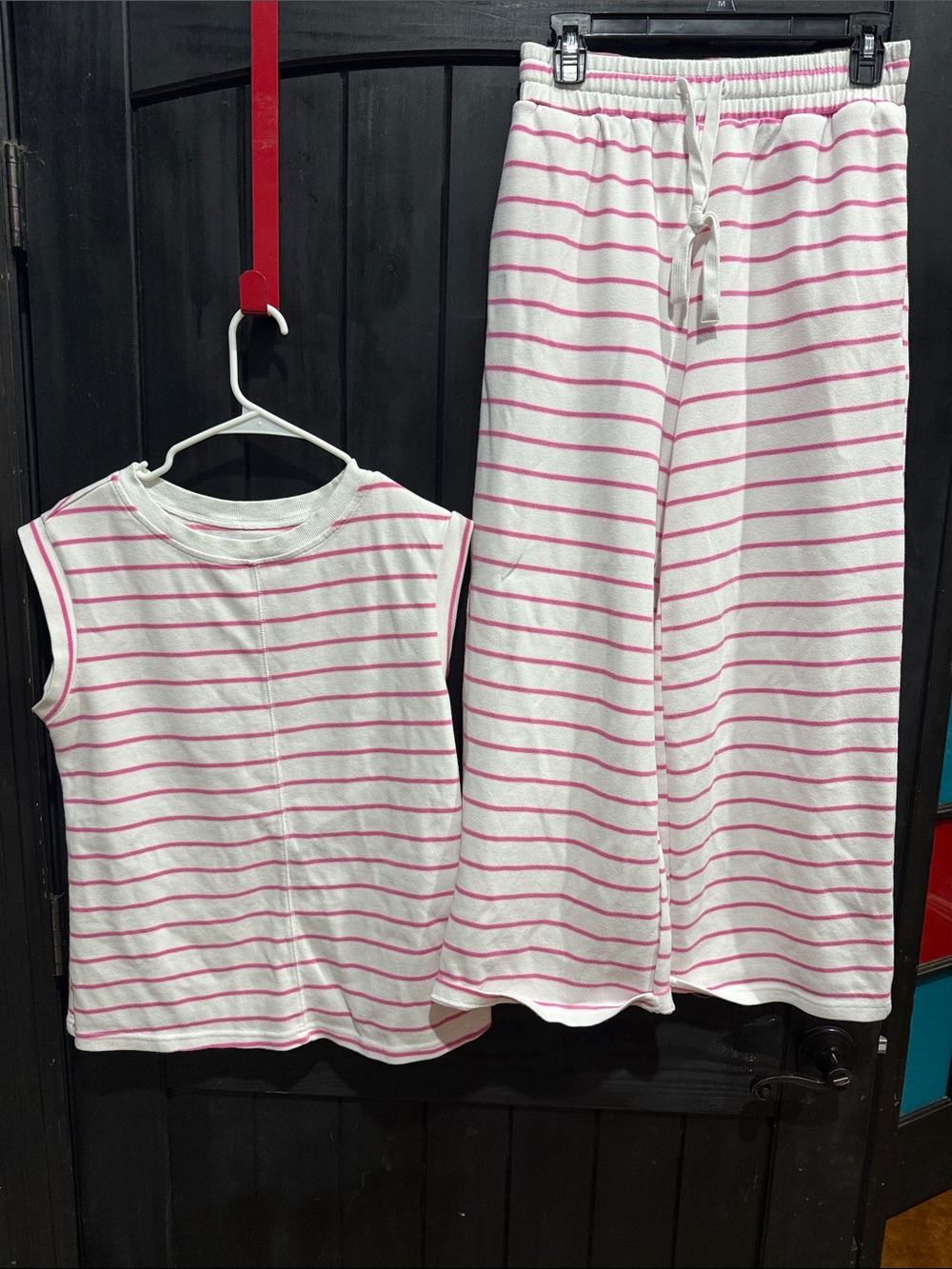 Womens  Sleeveless Pink Stripe Set - Top & Pull-On Pants